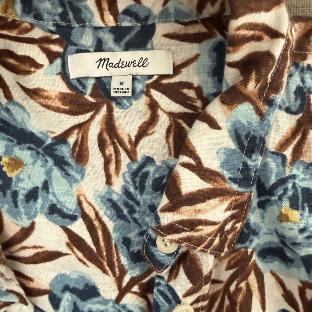 Madewell Blue Floral Button-Up with Brown Leaf Print